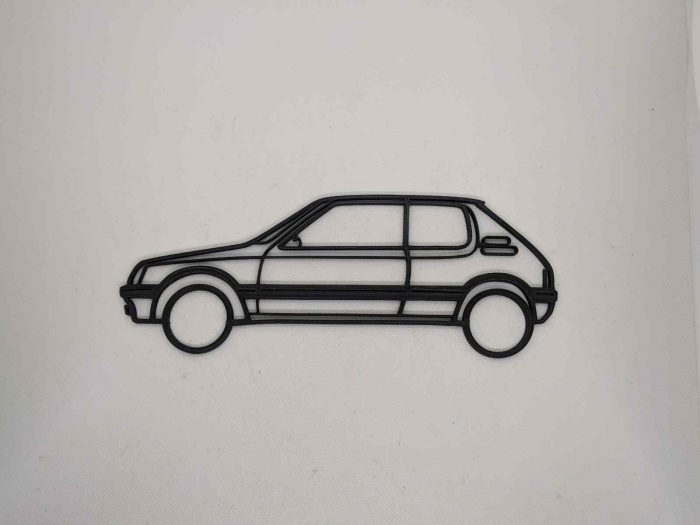 Décoration murale répresentant une Peugeot 205 GTi de profil imprimé en Pla noir