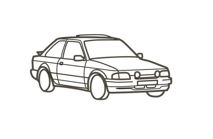 Décoration murale représentant de 3/4 face une Ford Escort XR3i sur fond blanc